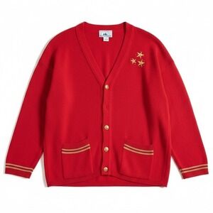 Bay Point Threads Red Star Embroidered Cardigan, Gold Buttons, Vtg Women's Large